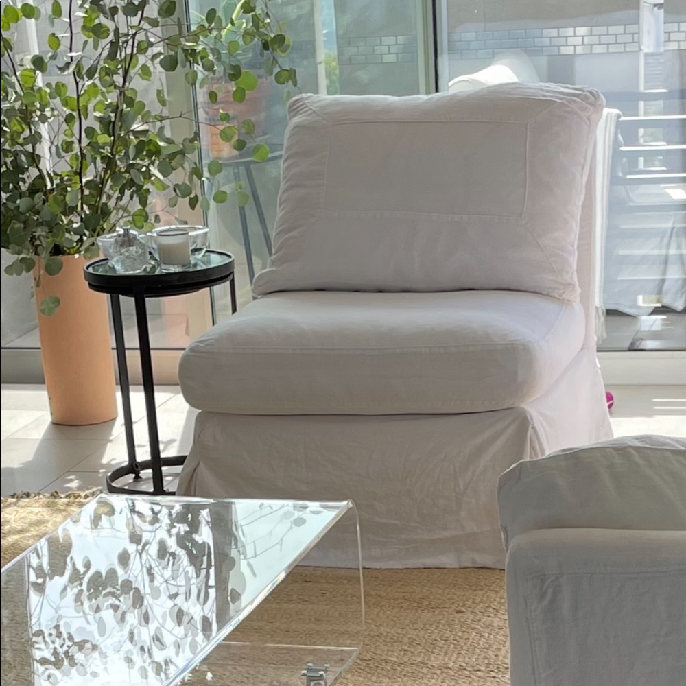 2 white linen slip cover chairs